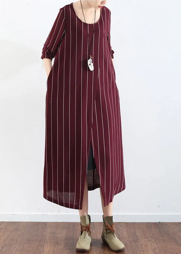 100% burgundy cotton clothes For Women plus size Catwalk striped Dresses summer Dresses