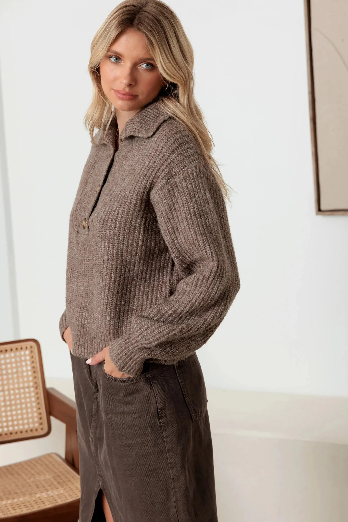 100% Wool Button-Up Neck Pullover Sweater