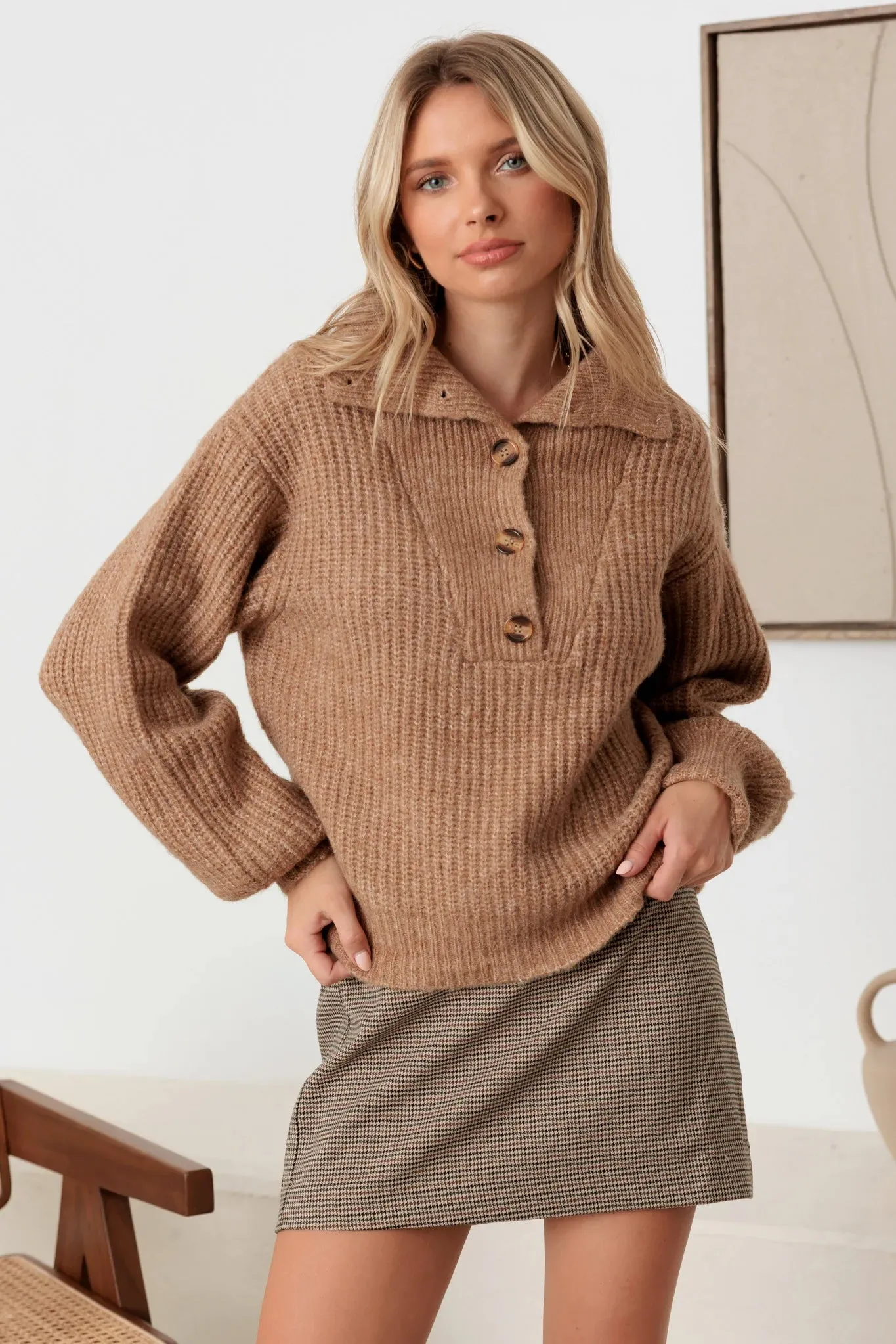 100% Wool Button-Up Neck Pullover Sweater