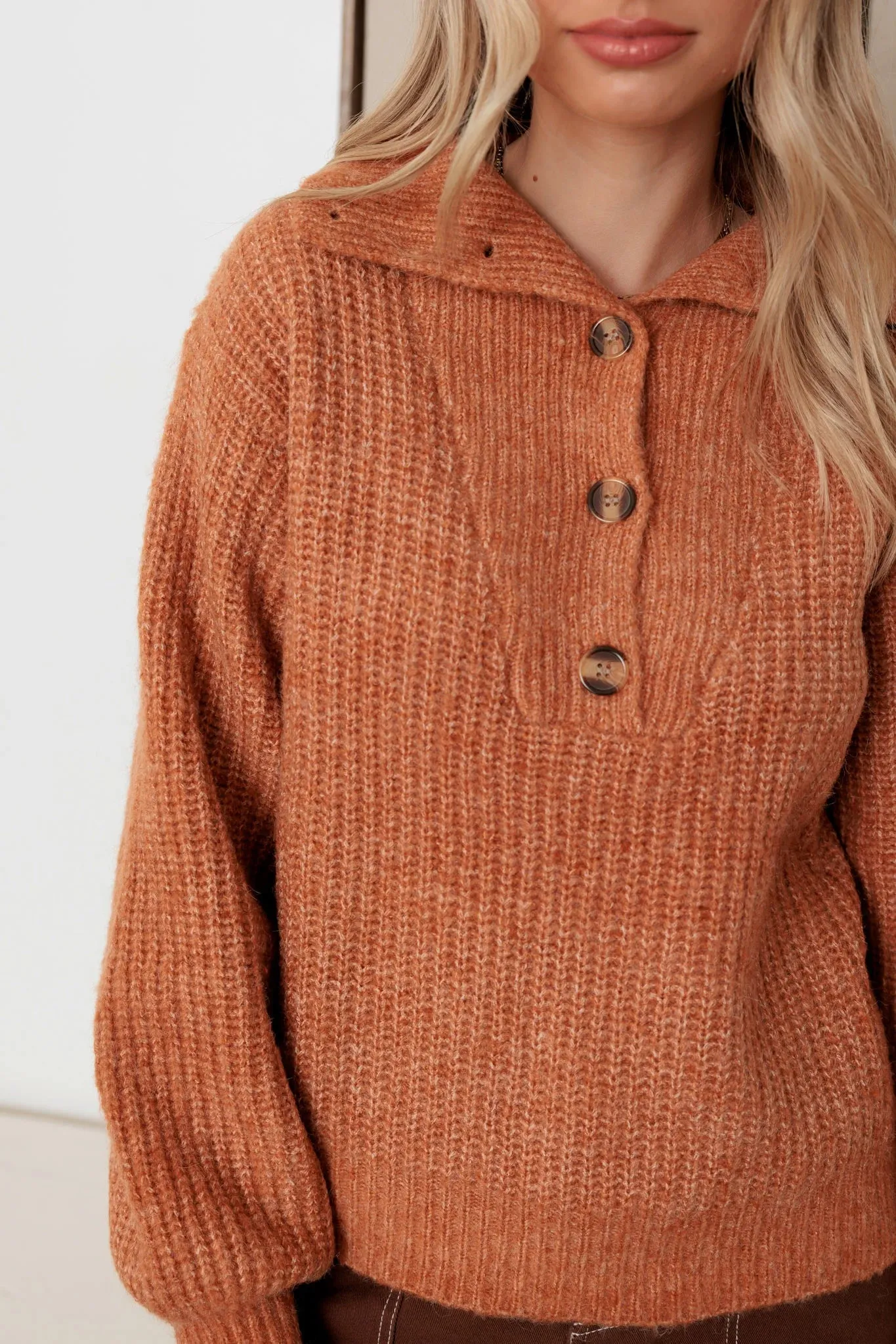 100% Wool Button-Up Neck Pullover Sweater