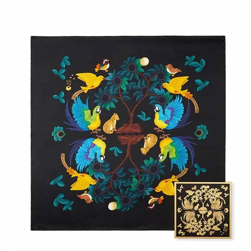 16 Momme Silk Luxury Square Silk Scarf Floral and Avian Design 87x87cm