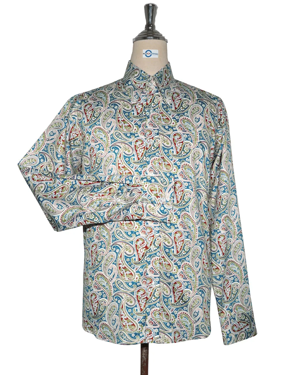 60s Style Blue Khaki and Red Paisley Shirt