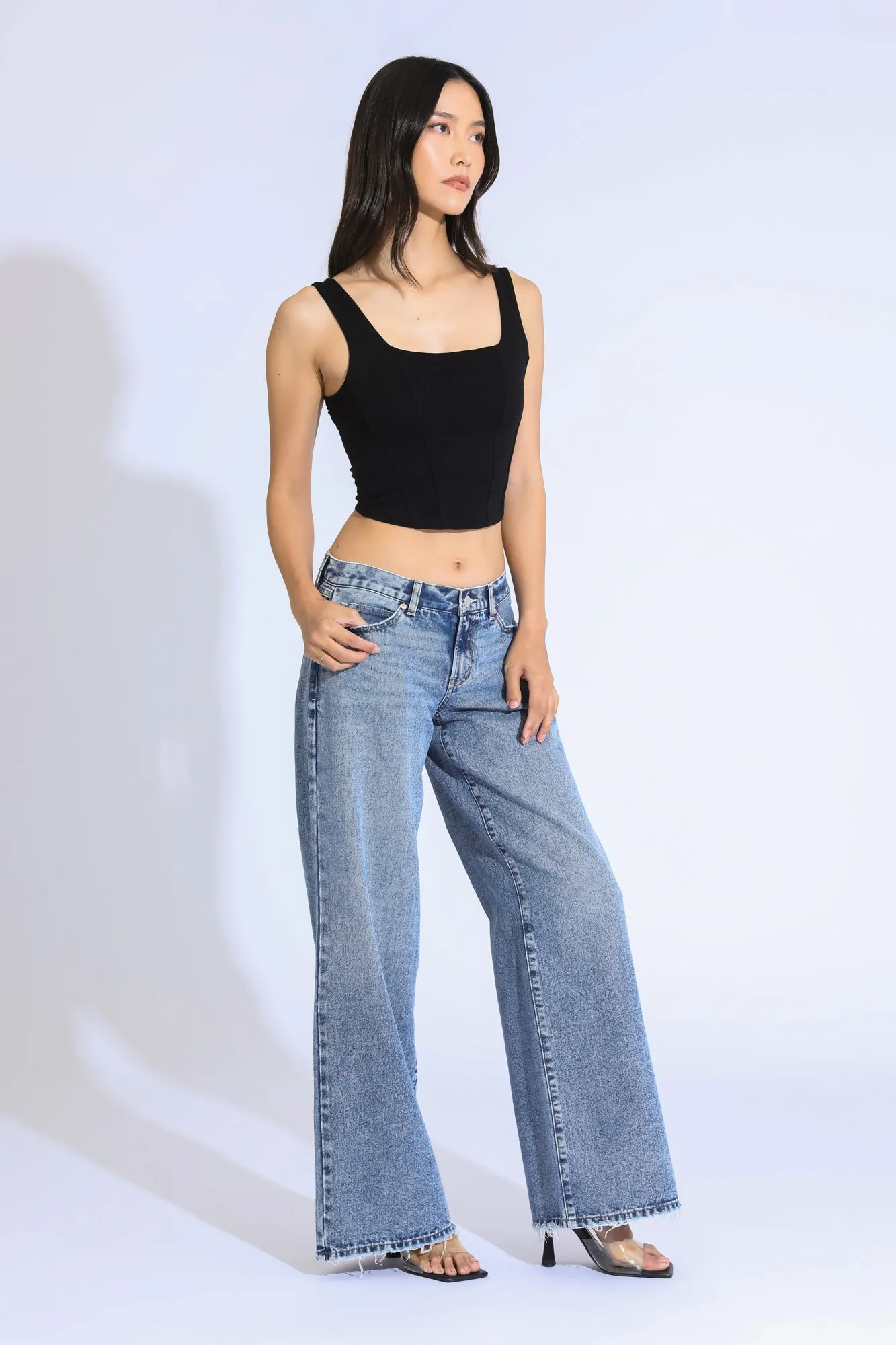 ASHLEY CLASSIC LOW RISE A-LINE BAGGY JEANS - BLUE/BLACK