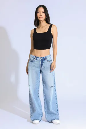 ASHLEY CLASSIC LOW RISE A-LINE BAGGY JEANS - LIGHT BLUE/BLACK