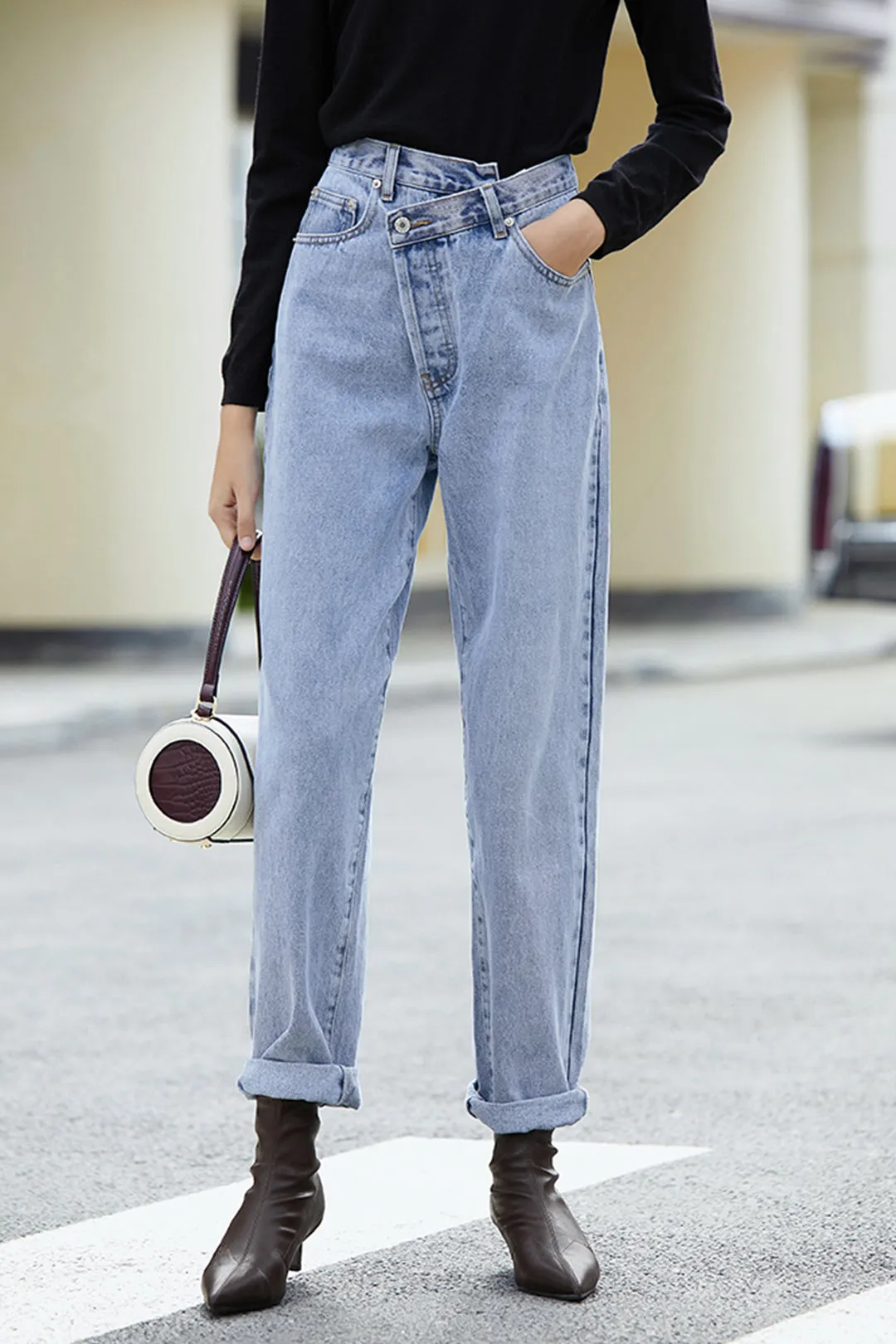 Asymmetric design jeans | Blue washed jeans | Street jeans