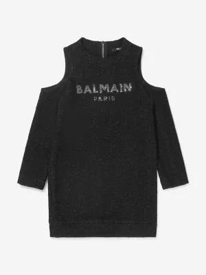 Balmain Girls Cold Shoulder Logo Sweater Dress