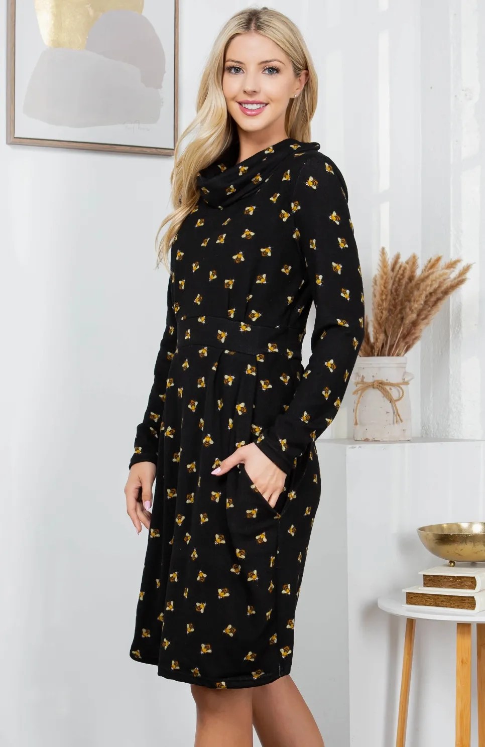 Bee Print Cowl Neck Sweater Dress