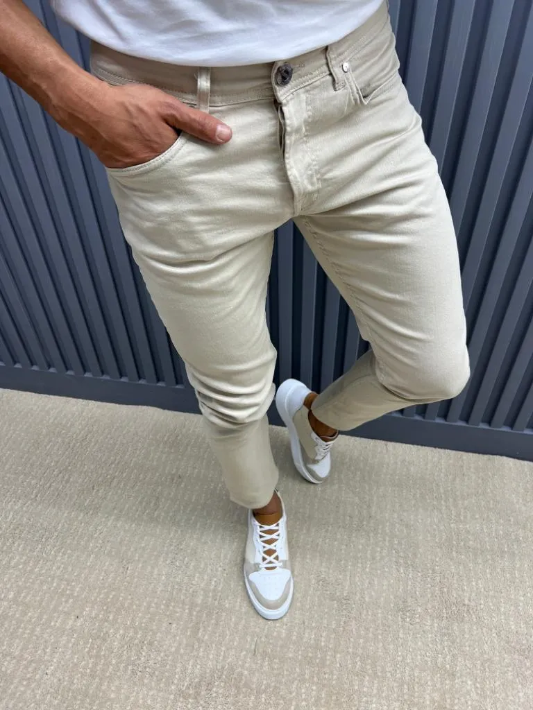 Beige Slim Fit Jeans for Men by GentWith.com