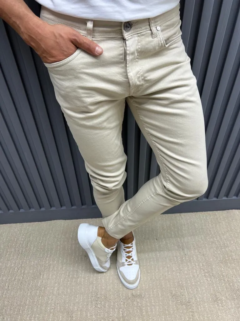 Beige Slim Fit Jeans for Men by GentWith.com