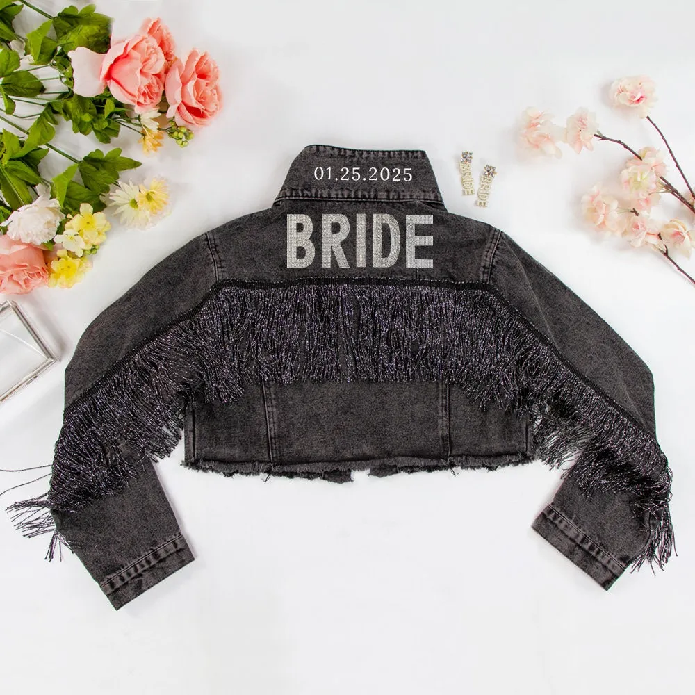 (Black Fringe) Rhinestone Bride Patch Denim Jacket