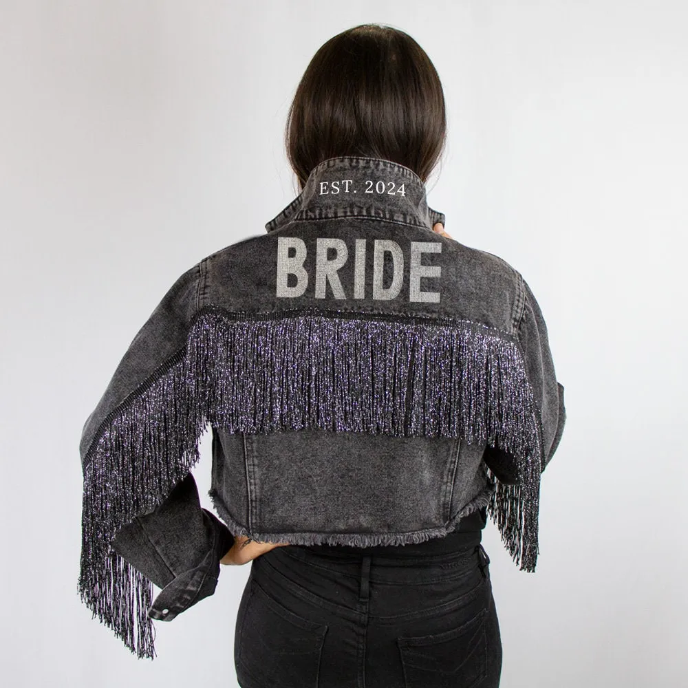 (Black Fringe) Rhinestone Bride Patch Denim Jacket