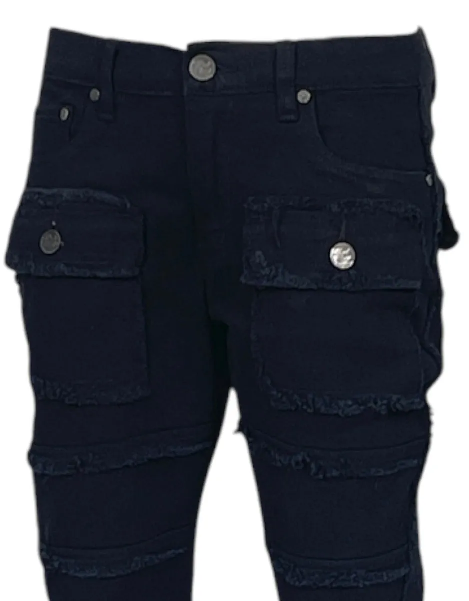 Black Stacked Jeans Men's Denim Pants Frayed Stack Fit with Pockets