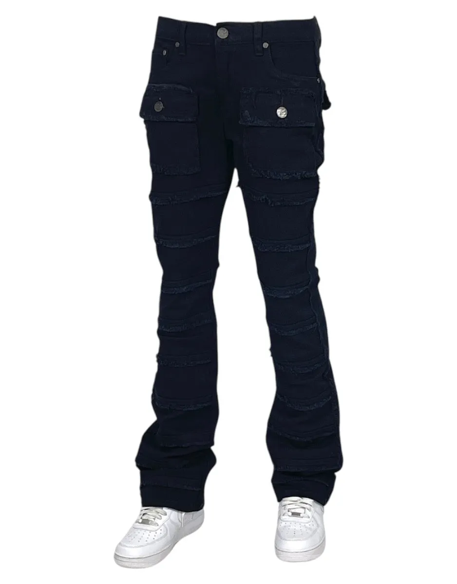 Black Stacked Jeans Men's Denim Pants Frayed Stack Fit with Pockets