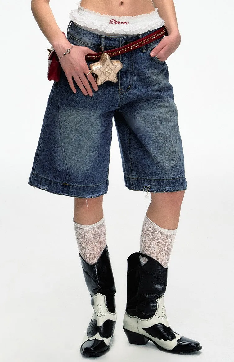 Blue Retro Washed Loose Versatile Wide-leg Short Jeans DPR0055