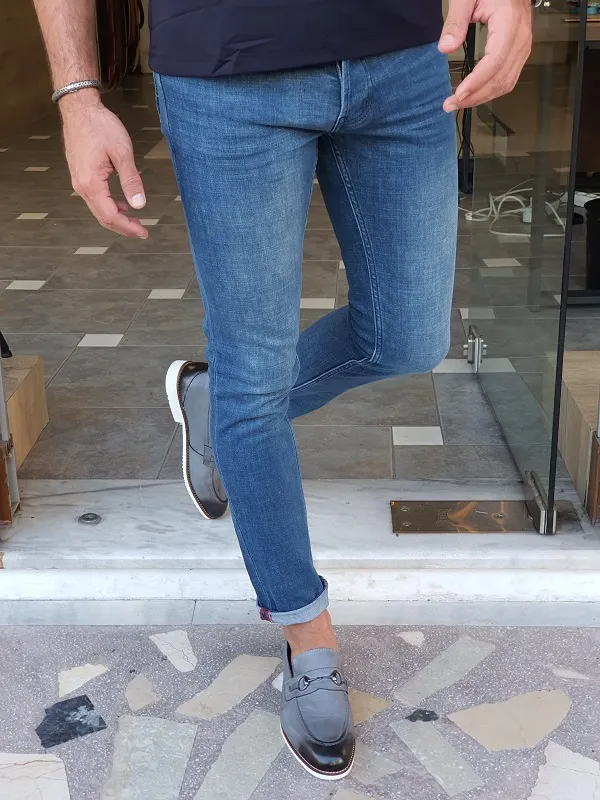 Blue Slim Fit Lycra Jeans for Men by GentWith.com | Worldwide Shipping