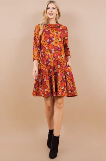 Boat Neck Daisy Print Sweater Dress