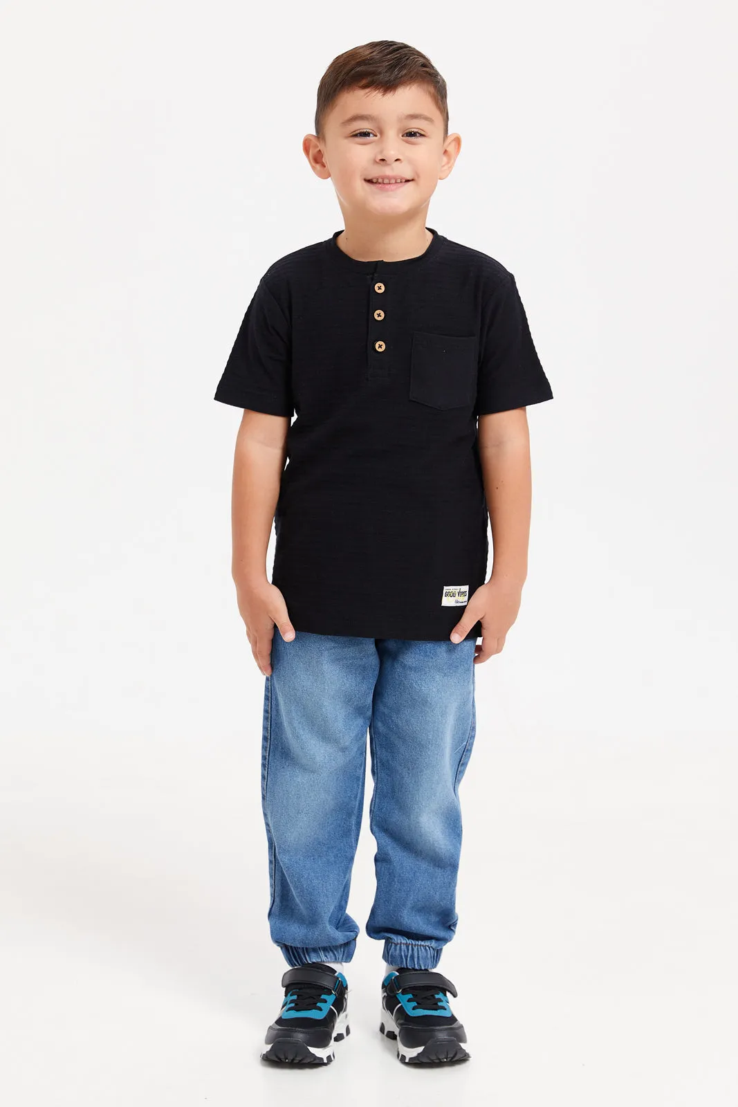 Boys Black Henley Jacquard T-Shirt