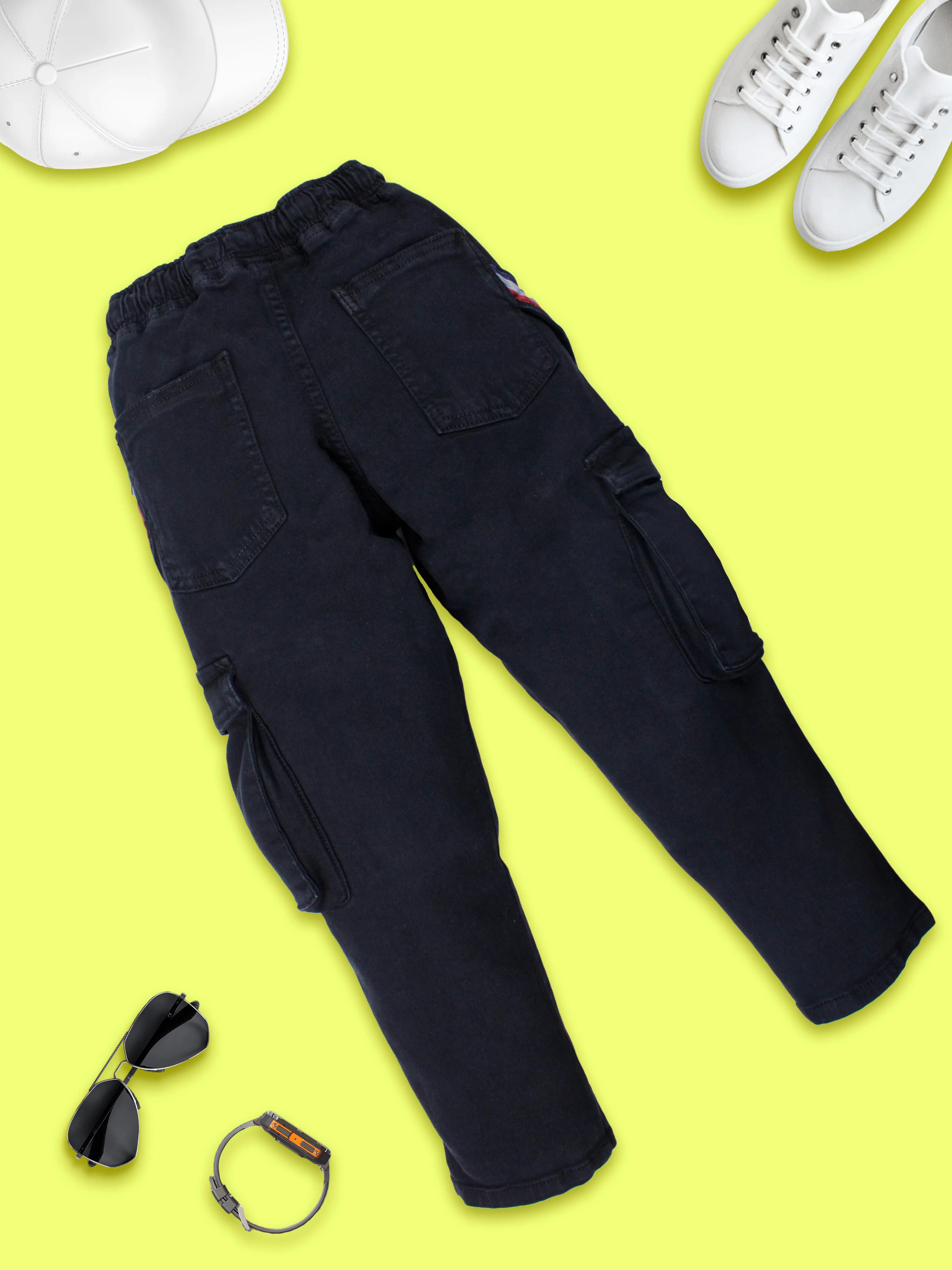 Boys Full Length Cargo Pocket Denim Jogger With Side Strap