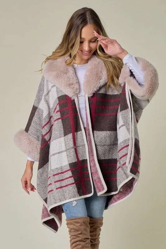 Brown/Red Plaid Pattern Faux Fur Trim Shawl Coat