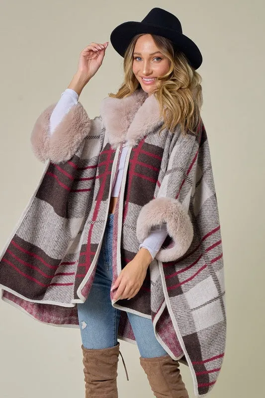 Brown/Red Plaid Pattern Faux Fur Trim Shawl Coat