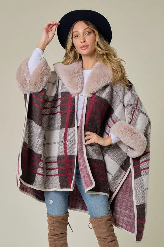 Brown/Red Plaid Pattern Faux Fur Trim Shawl Coat