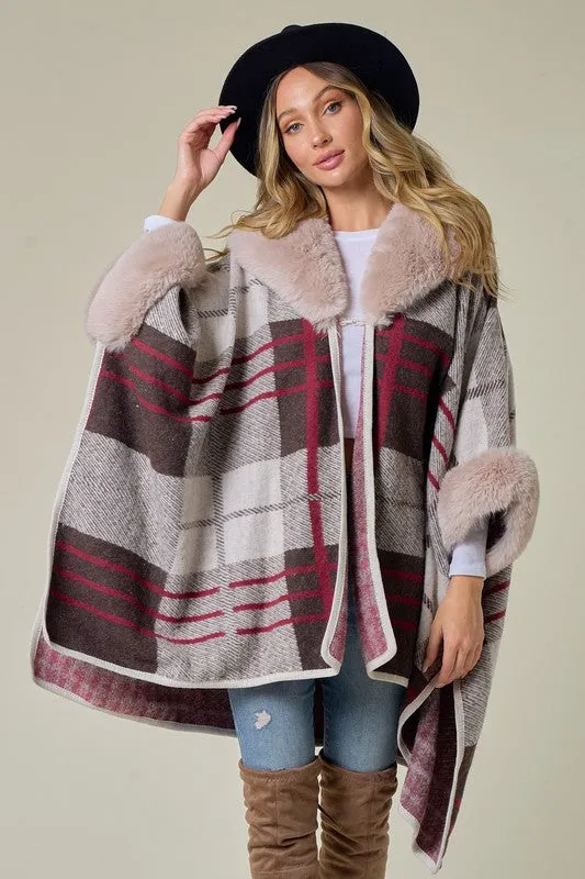 Brown/Red Plaid Pattern Faux Fur Trim Shawl Coat