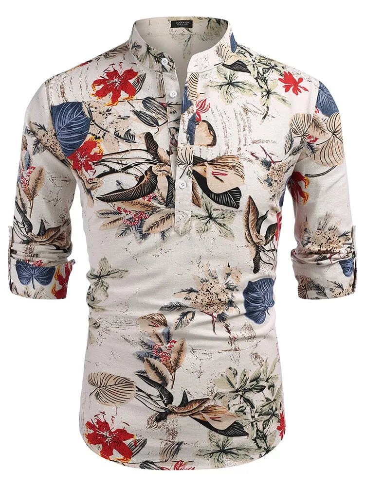 Cotton Linen Floral Henley Shirt (US Only)