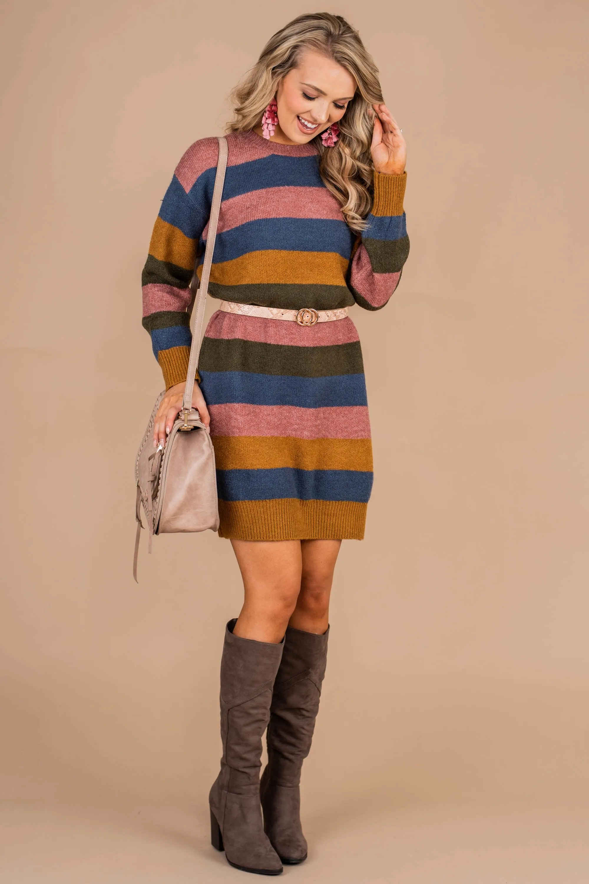 Cue The Comfy Mustard Yellow Striped Sweater Dress