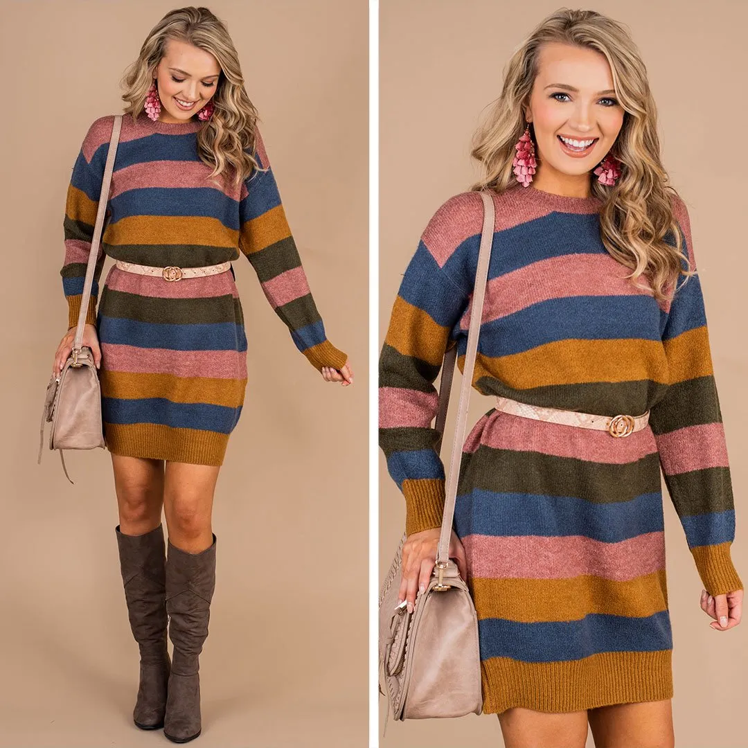 Cue The Comfy Mustard Yellow Striped Sweater Dress