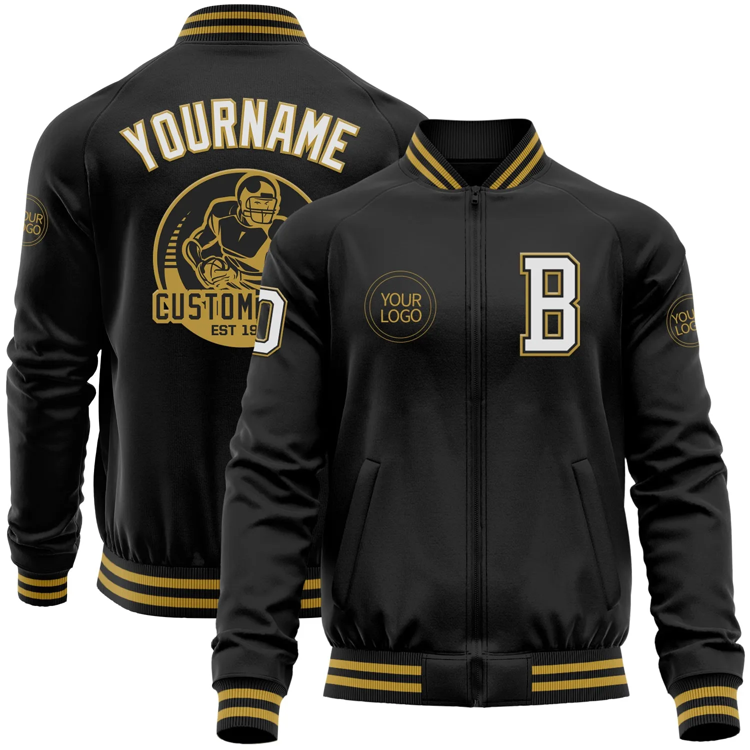 Custom Black White-Old Gold Bomber Varsity Letterman Zipper Jacket