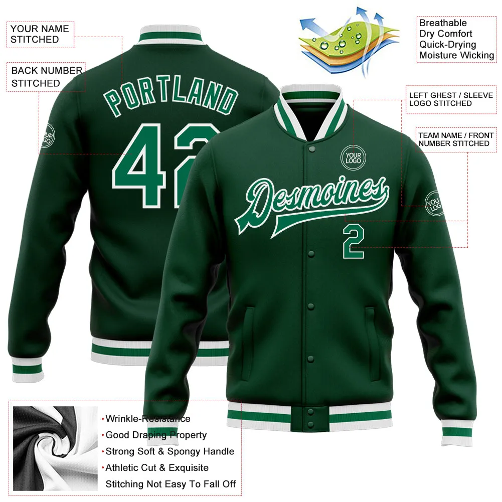 Custom Green Kelly Green-White Bomber Full-Snap Varsity Letterman Jacket