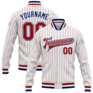 Custom White Red Pinstripe Royal Bomber Full-Snap Varsity Letterman Jacket