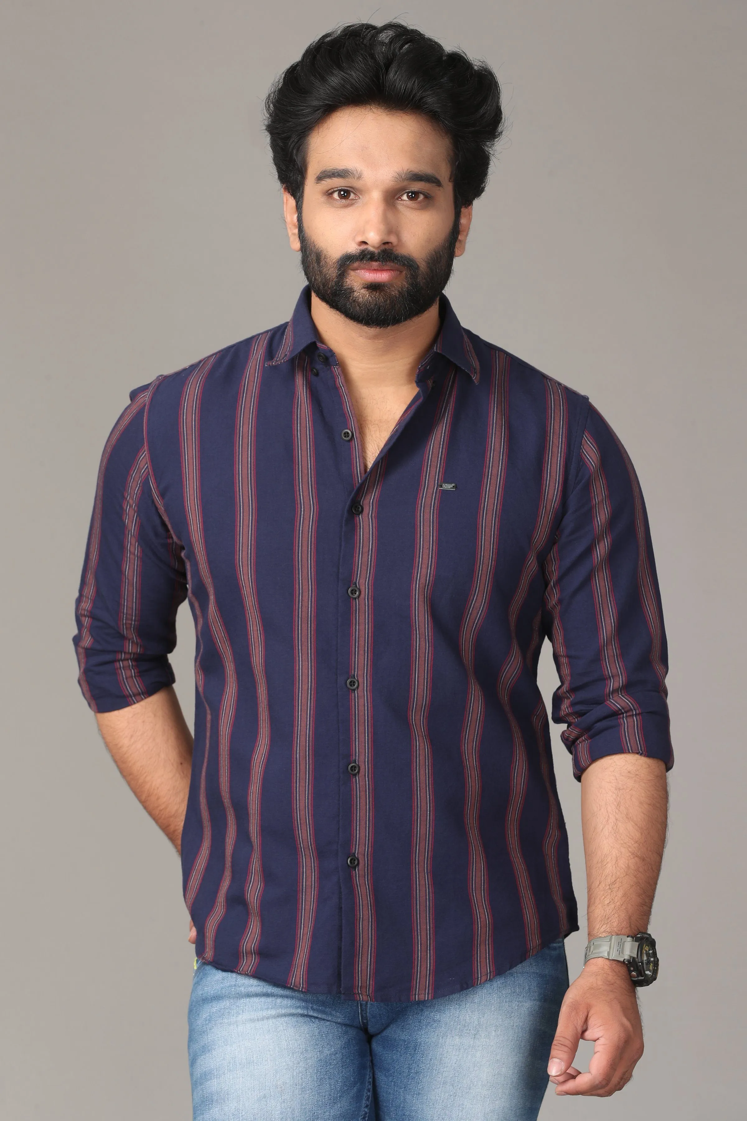 Dark Blue Full Sleeve Shirt with Brown Stripes