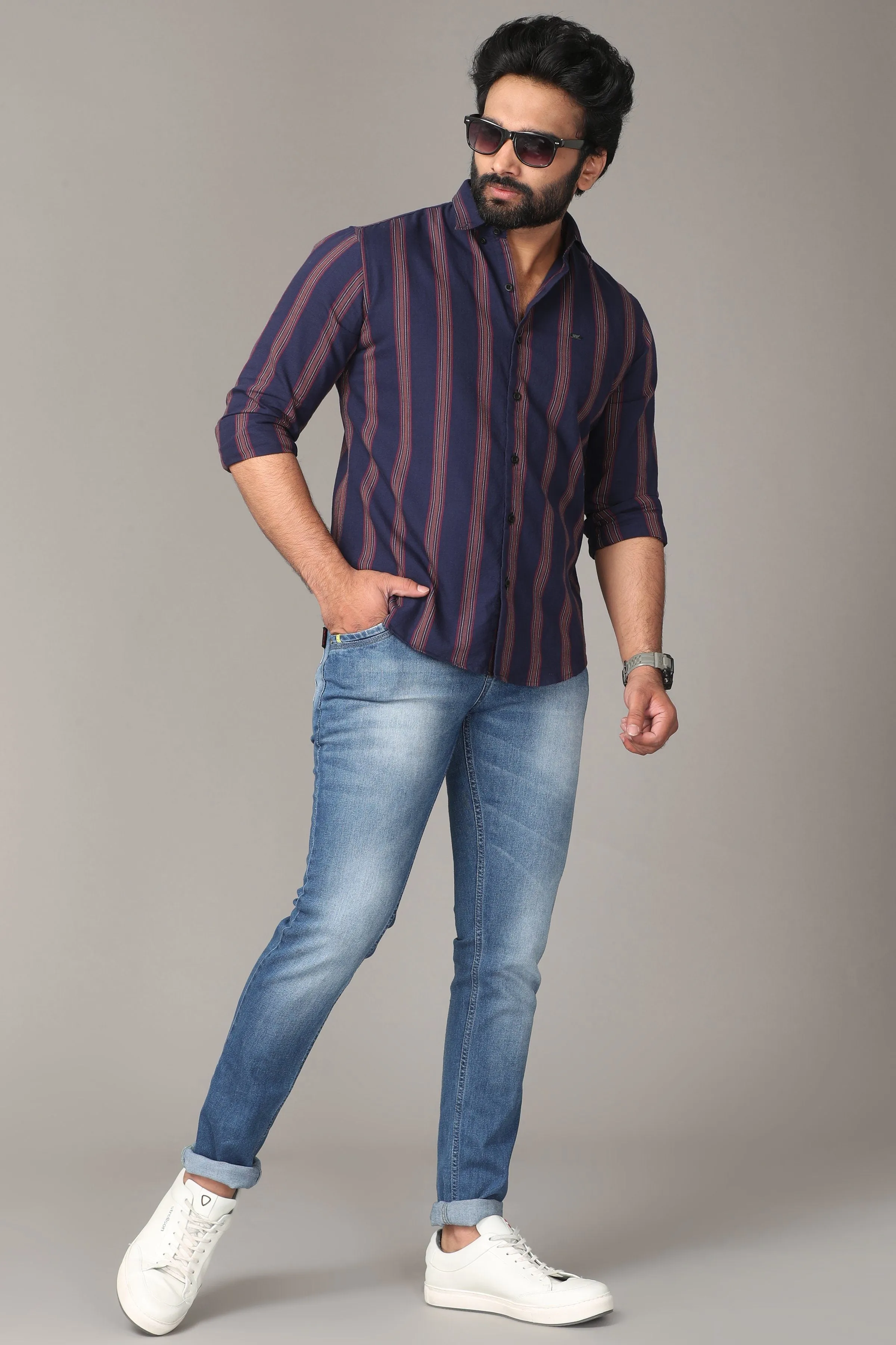 Dark Blue Full Sleeve Shirt with Brown Stripes