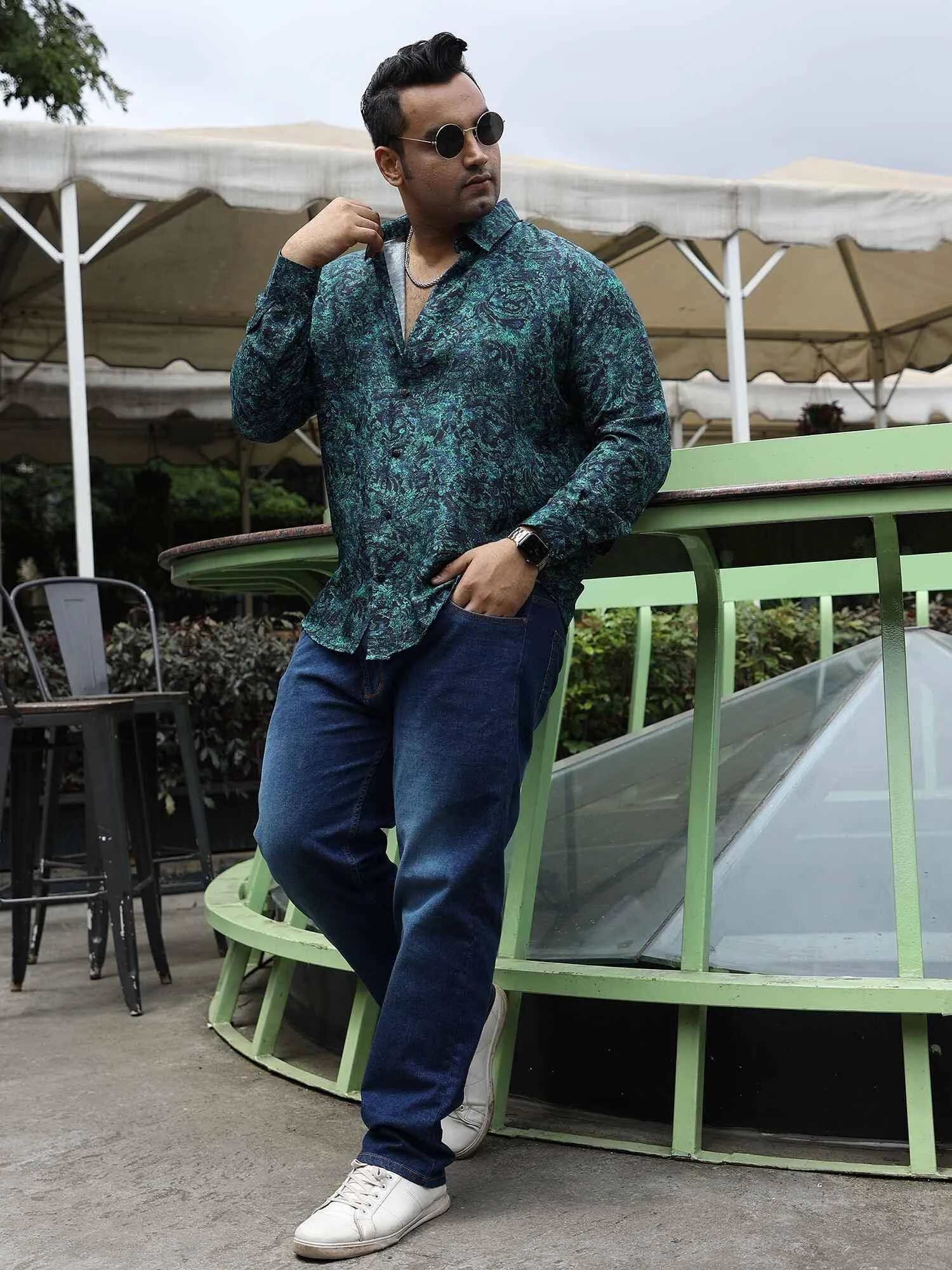 Dense Leafy green Printed Full Shirt Men's Plus Size