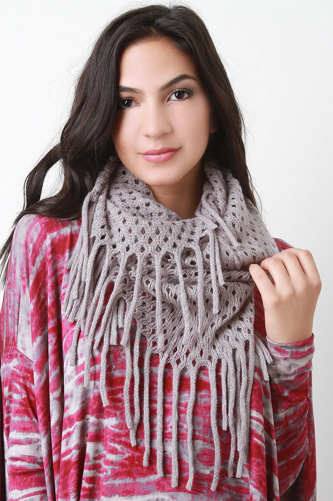 Diamond Knit Fringe Infinity Scarf