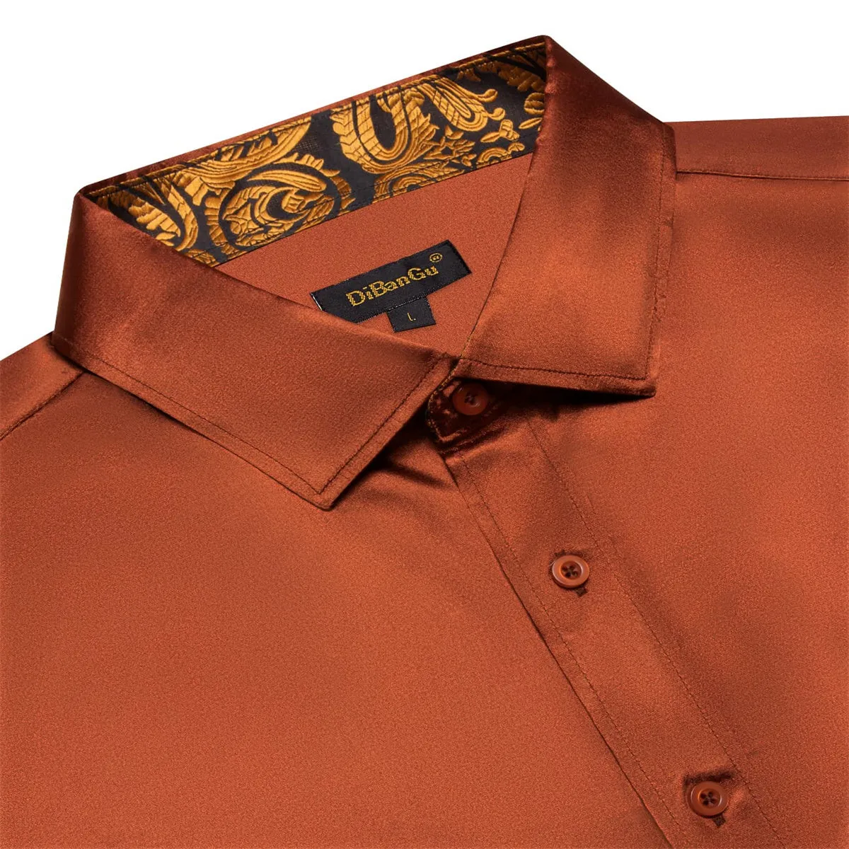 DiBanGu Tuxedo Shirt Sienna Brown Solid Satin Silk Button Up Long Sleeve Men's Shirt