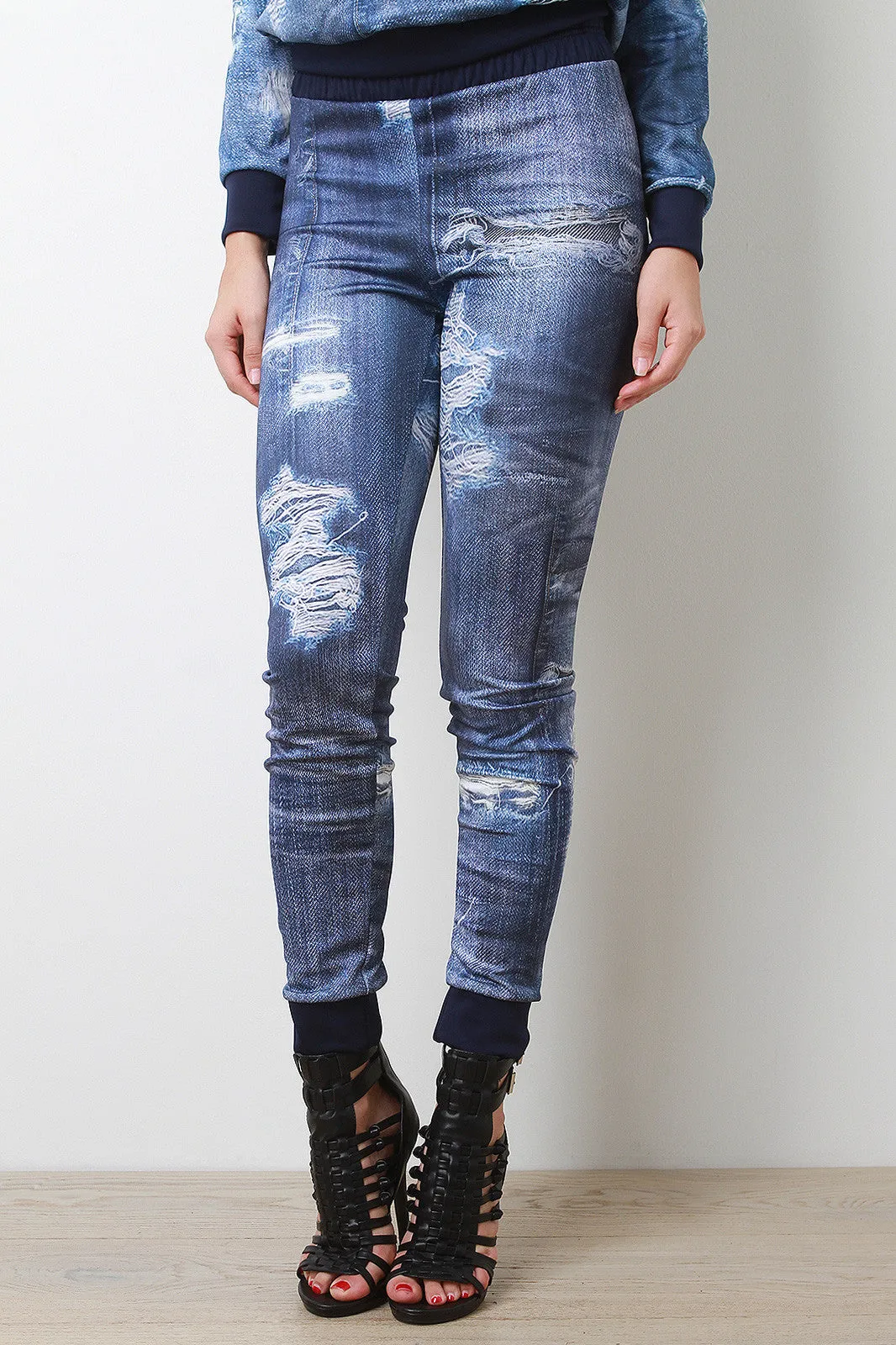 Distress Denim Print Joggers