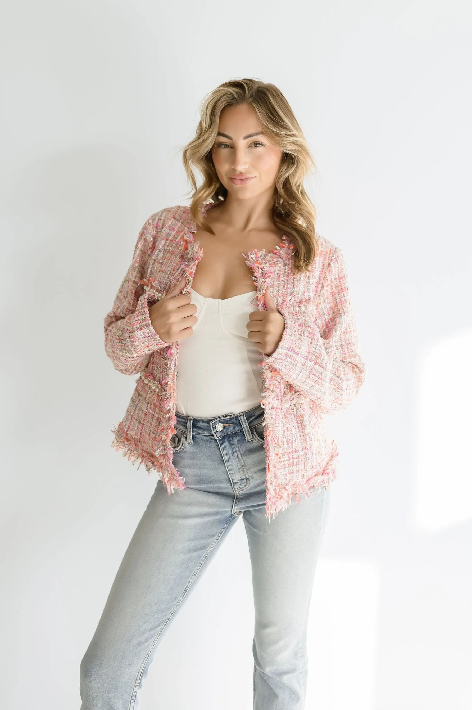 Elizabeth Long Sleeve Tweed Jacket Pink