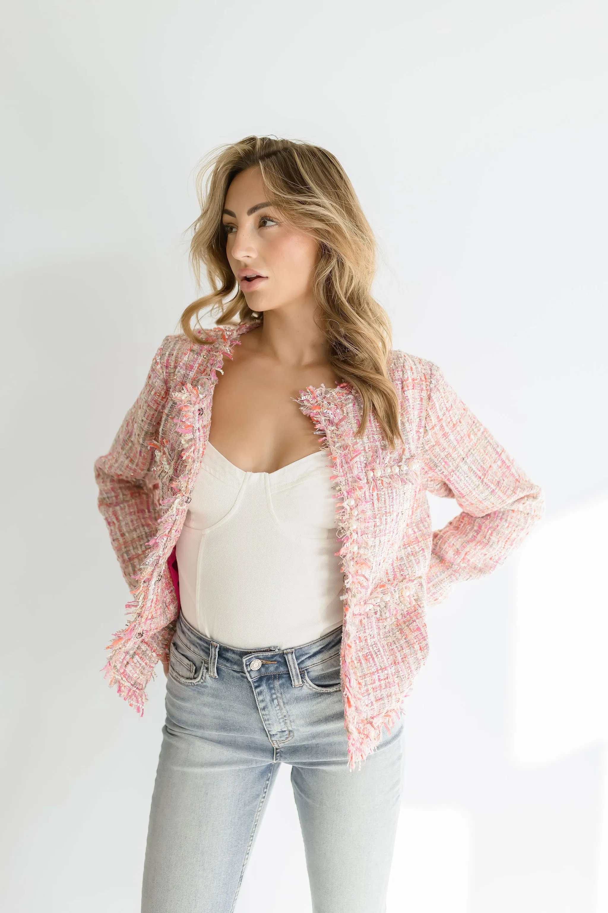 Elizabeth Long Sleeve Tweed Jacket Pink