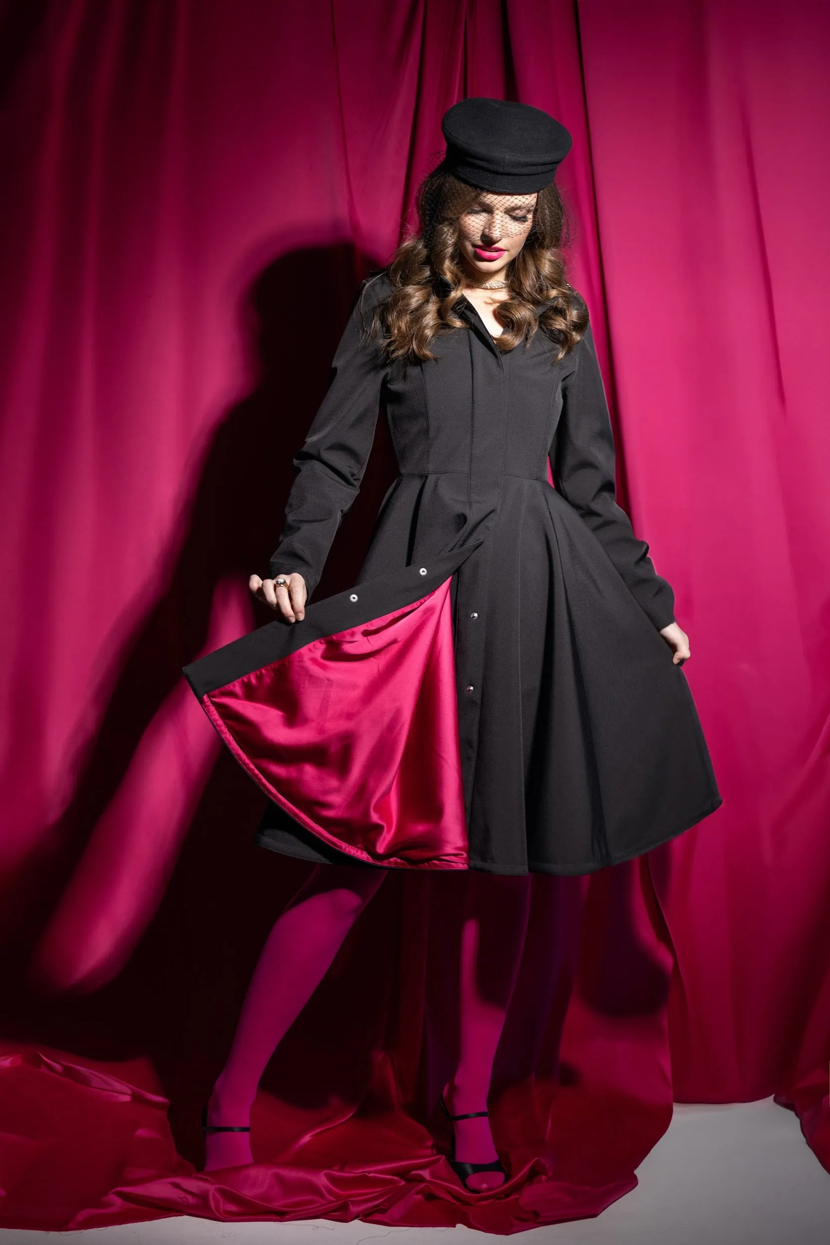 Fit and Flare Coat with Full Circle Skirt in Black with Fuchsia Pink Lining | 'Pink Ruby'