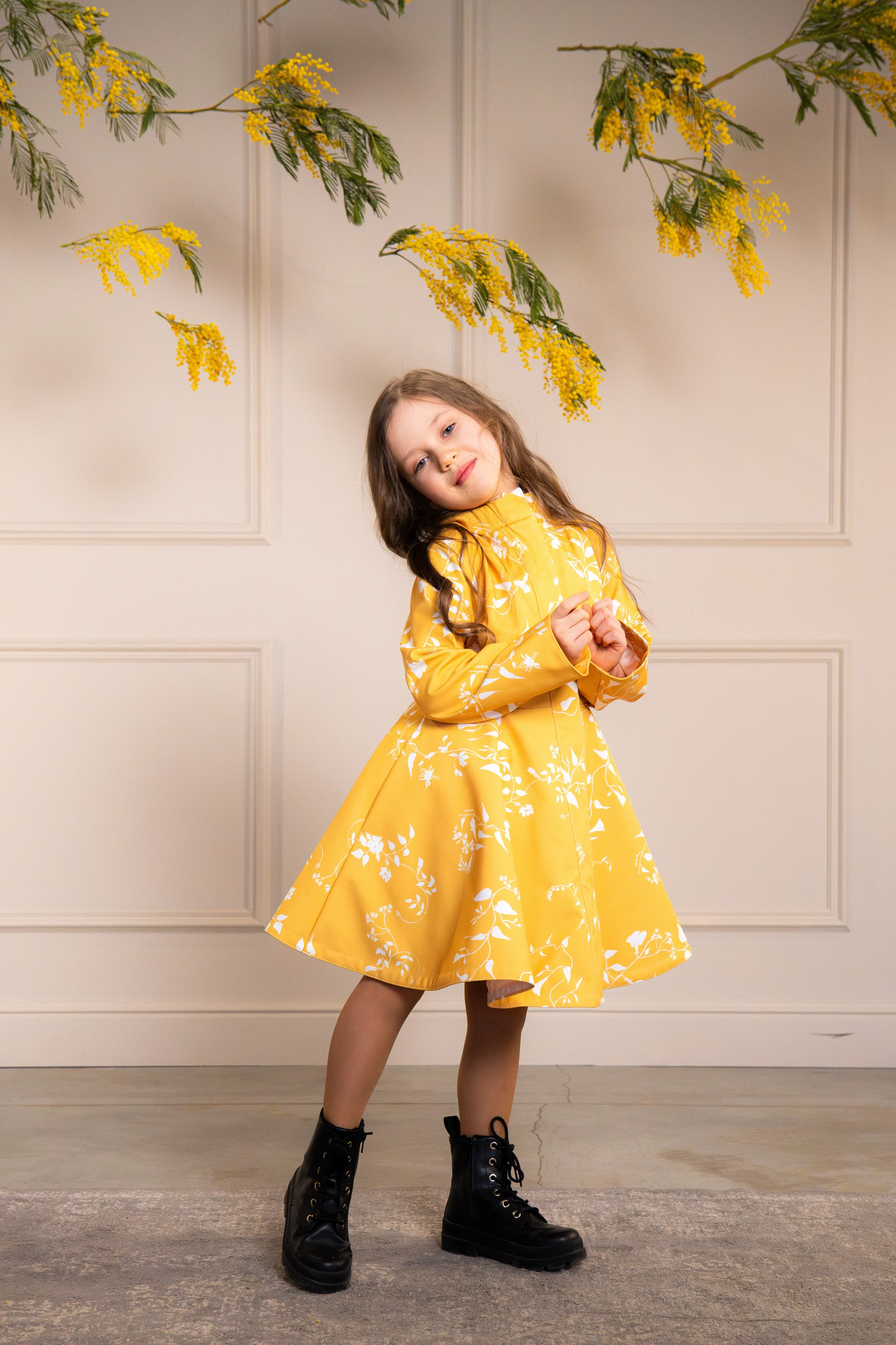 Fitted and Flared Coat for Girls in Yellow with White Floral Print | 'Majestic Yellow'