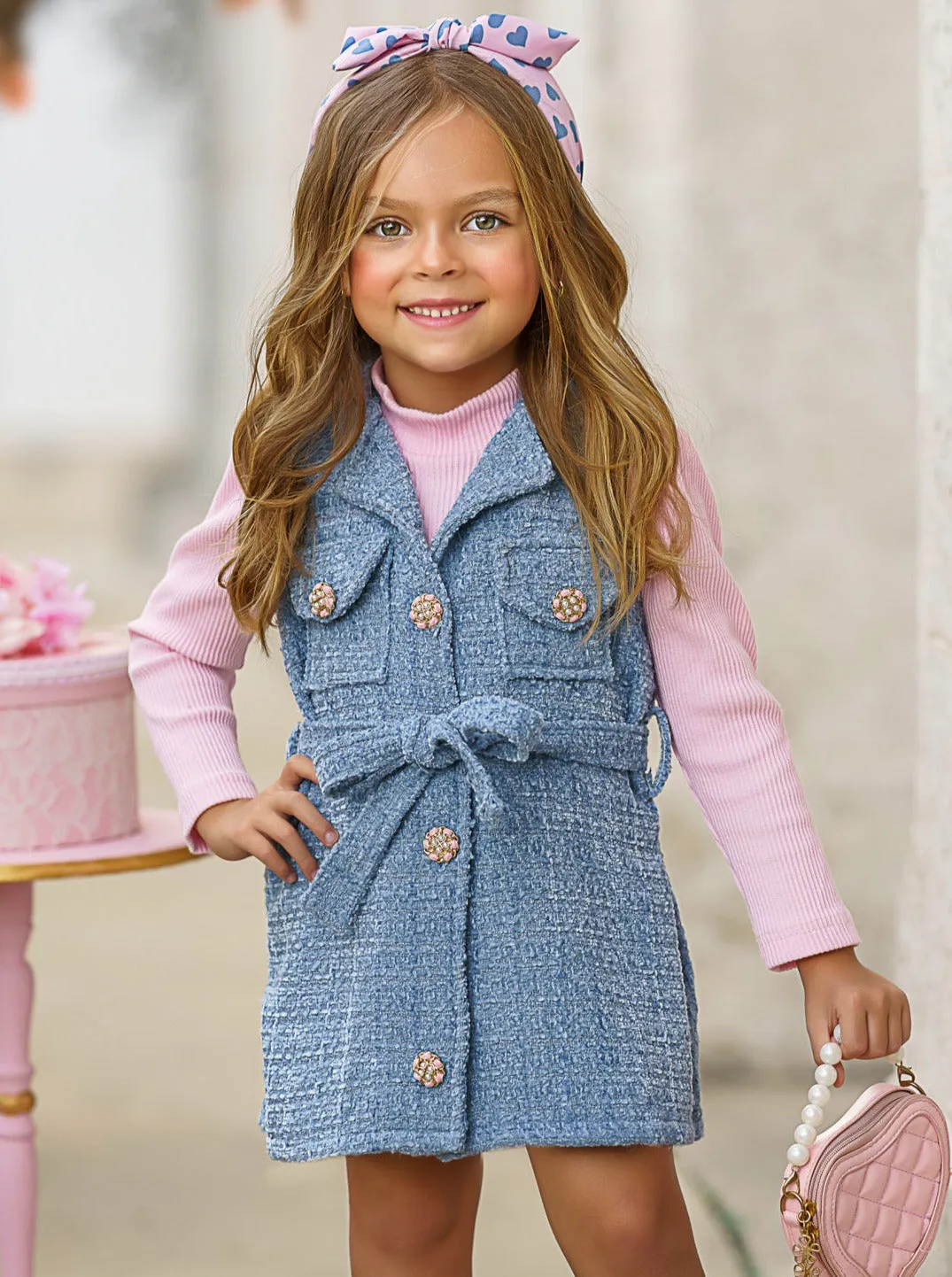 Forever Chic Pink Sweater and Belted Tweed Shacket Dress Set