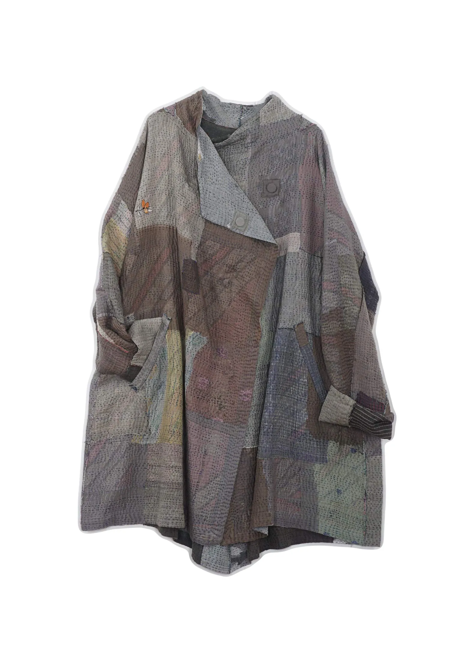 FRAYED PATCH KANTHA FUNNEL COLLAR COAT - fi4312-gry -