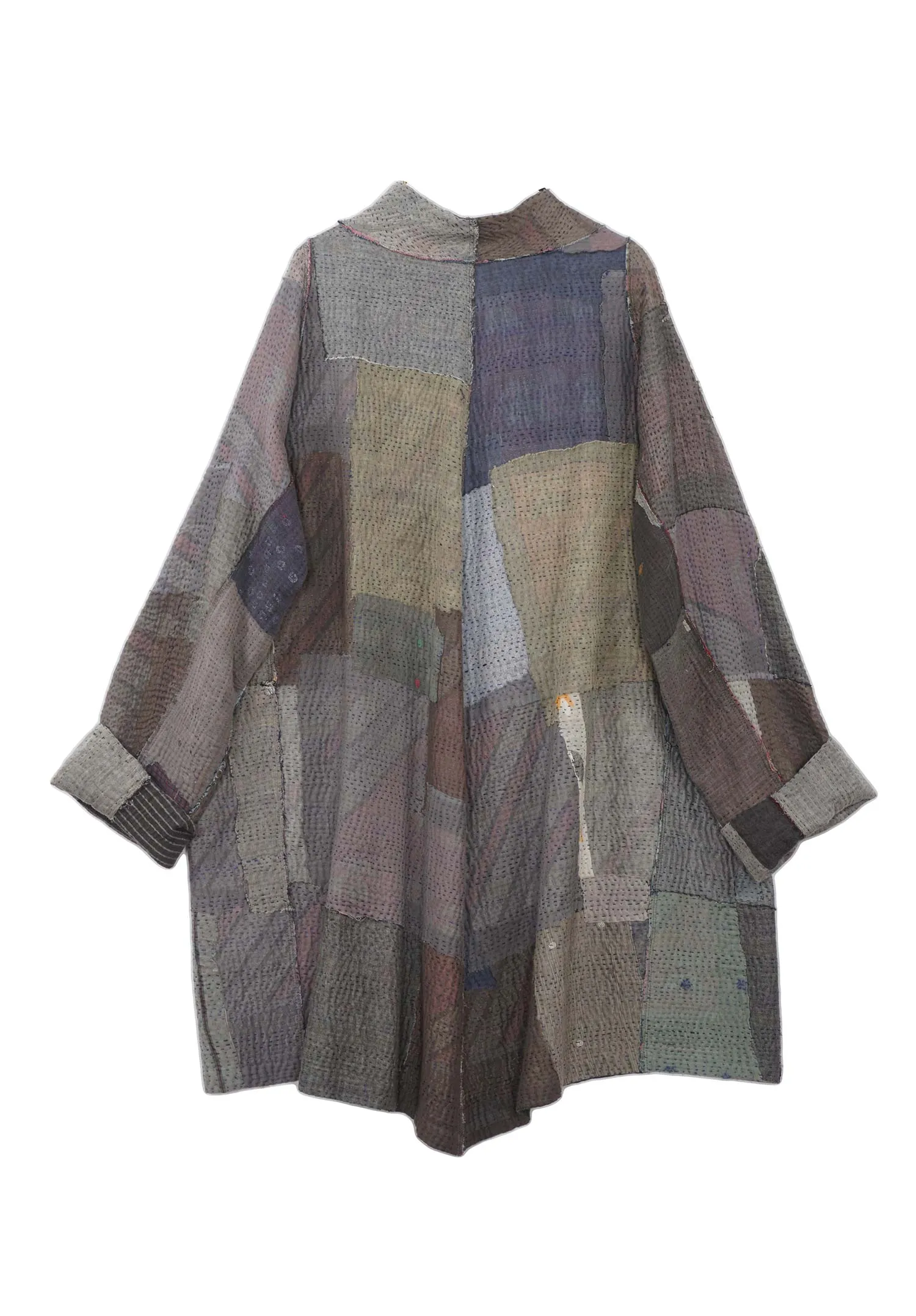 FRAYED PATCH KANTHA FUNNEL COLLAR COAT - fi4312-gry -