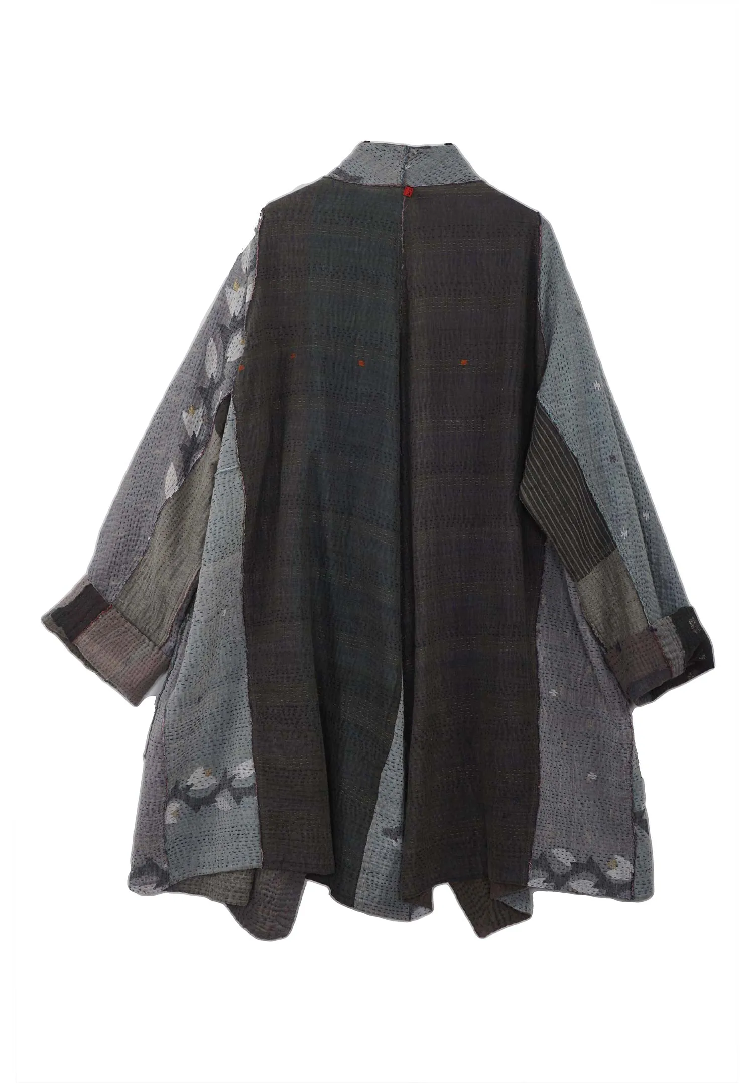 FRAYED PATCH KANTHA FUNNEL COLLAR COAT - fi4312-gry -