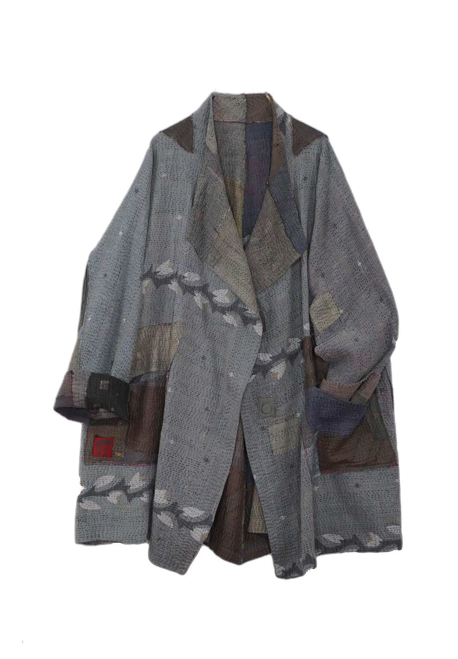 FRAYED PATCH KANTHA FUNNEL COLLAR COAT - fi4312-gry -