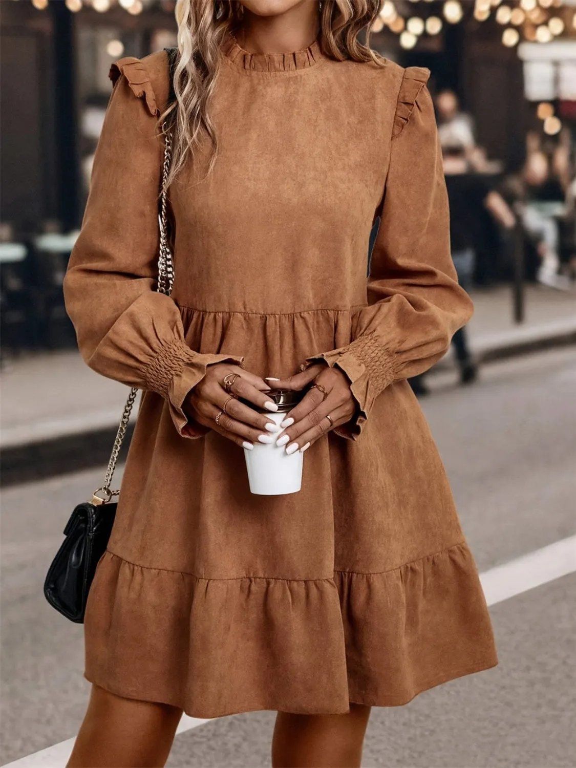 Frill Round Neck Long Sleeve Mini Dress | Fall Fashion | Fall Dresses