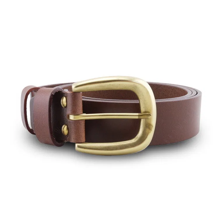 Full Grain Genuine Leather Belt - Milano Tan Narrow Belt Solid Brass Horseshoe Buckle