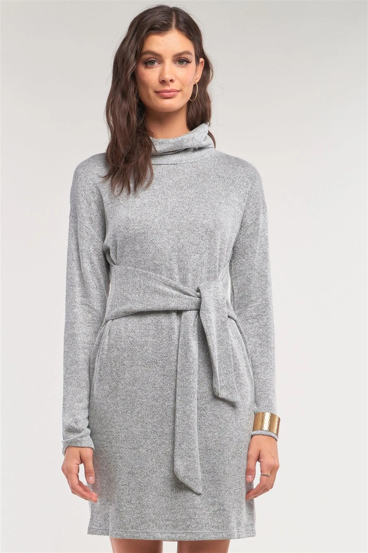 Heather Grey Knit Long Sleeve Turtleneck Self-Tie Waist Detail Mini Sweater Dress /2-2-2